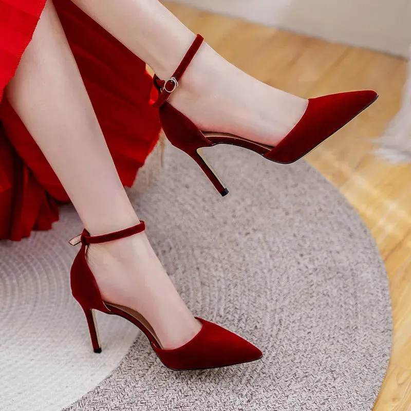 7cm New Fashion Pointed Toe Flock Pumps High Heels Wedding Banquet Women Red Sandals 41 42 43