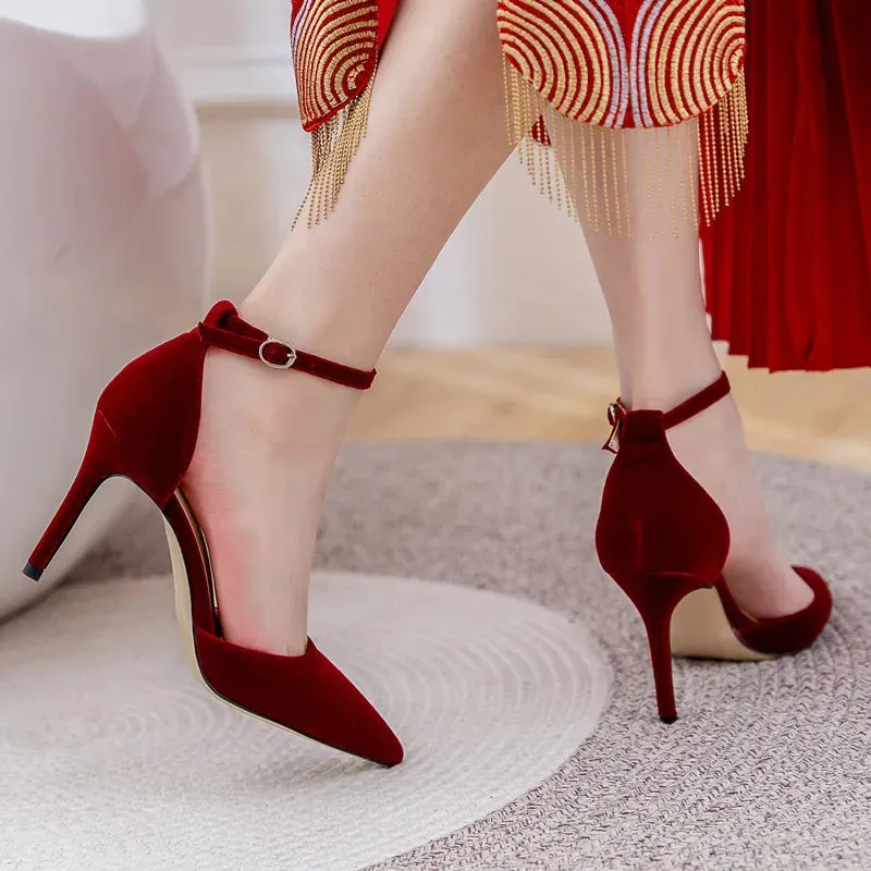 7cm New Fashion Pointed Toe Flock Pumps High Heels Wedding Banquet Women Red Sandals 41 42 43