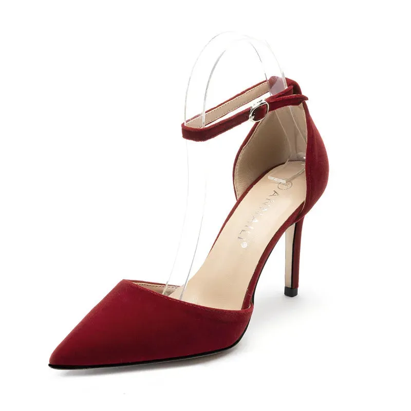 7cm New Fashion Pointed Toe Flock Pumps High Heels Wedding Banquet Women Red Sandals 41 42 43