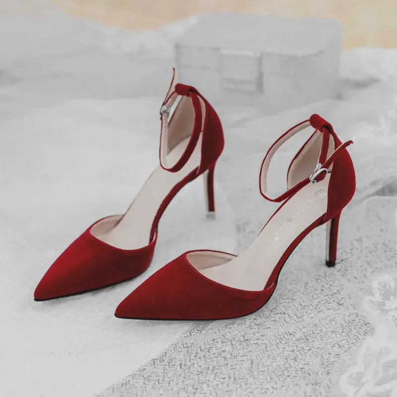 7cm New Fashion Pointed Toe Flock Pumps High Heels Wedding Banquet Women Red Sandals 41 42 43