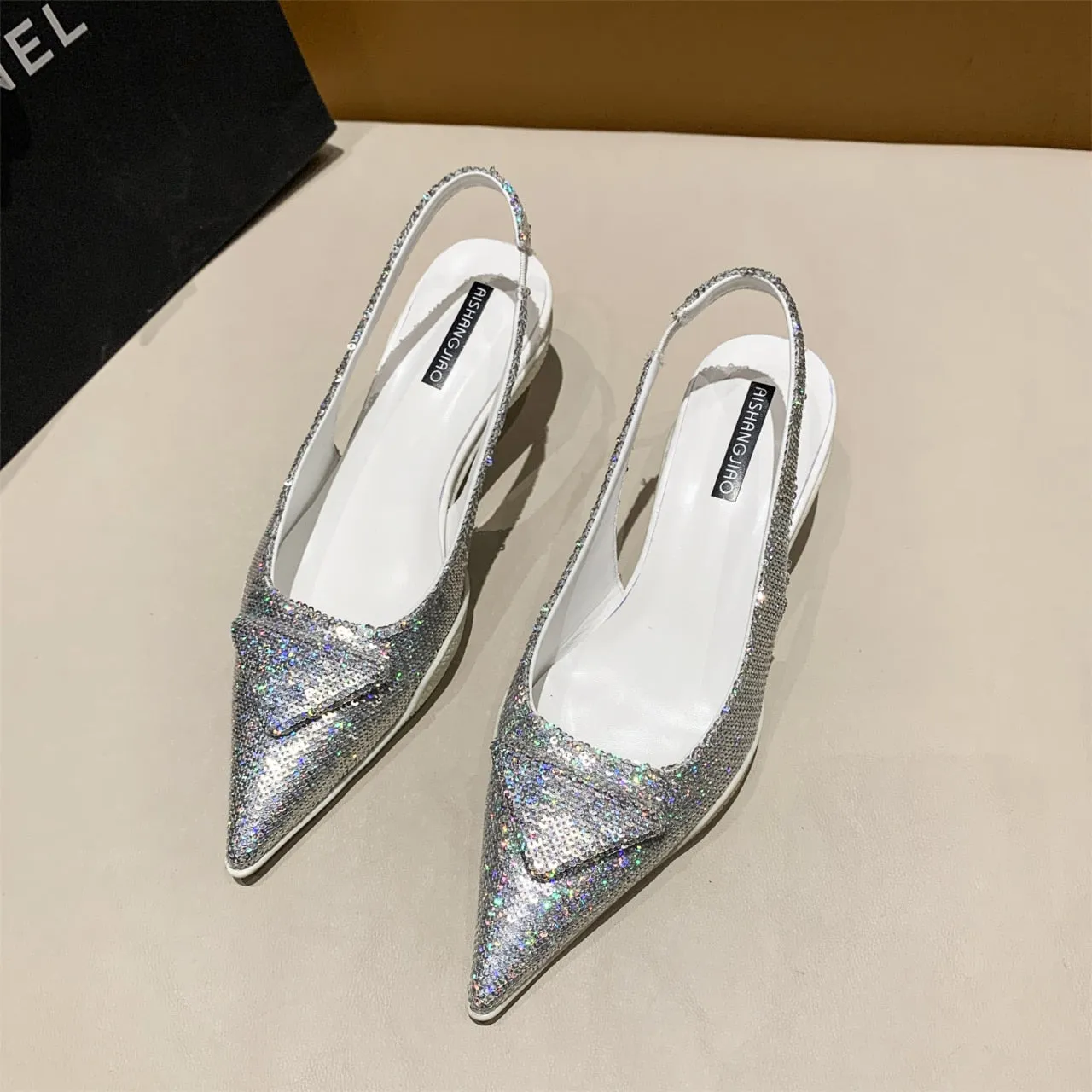 Amozae  2022 Spring Sweet Heels Ladies Slingback Sandals Pointed Toe Mules Ladies Elegant Pumps Party Dress Shoes Silver