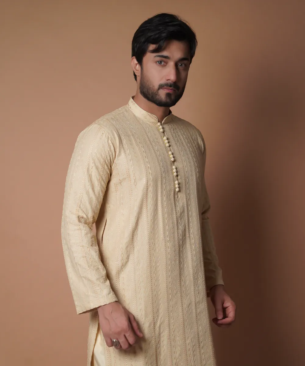 Beige symmetrical Embroidered Kurta & Pyjama Set