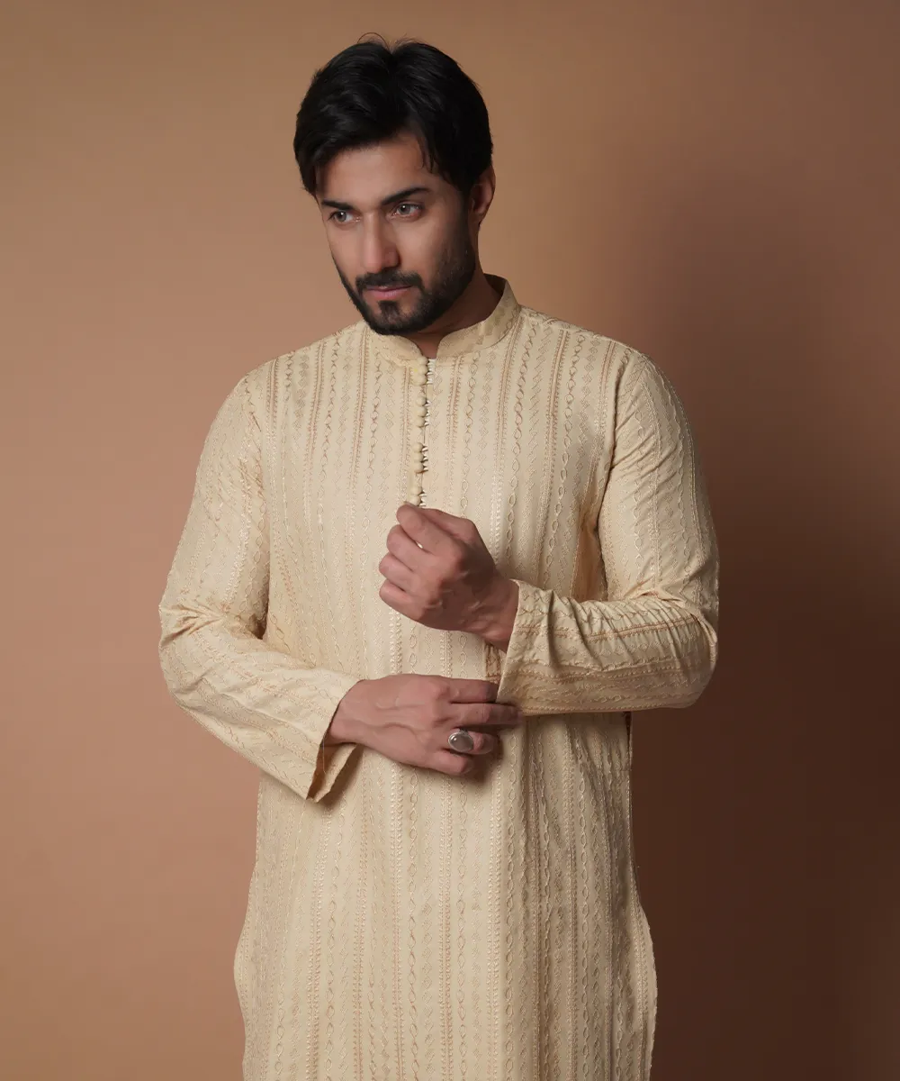 Beige symmetrical Embroidered Kurta & Pyjama Set