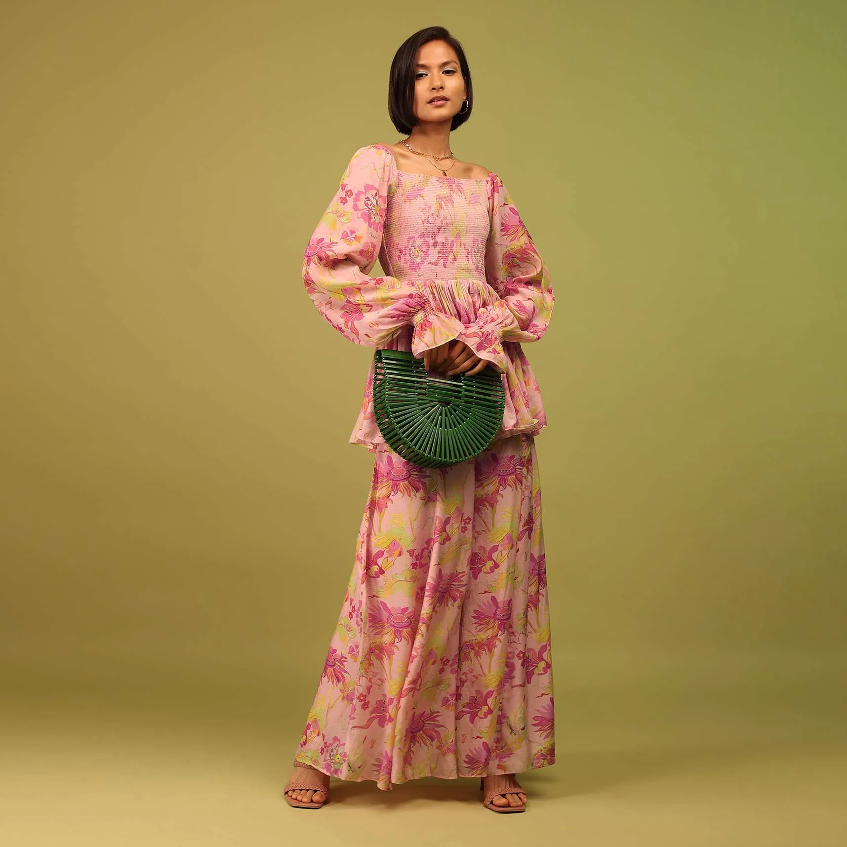 Candy Pink Print Top And Palazzo In Crepe With Off-shoulder Neckline And Smocking Bodice Online - RE By Kalki