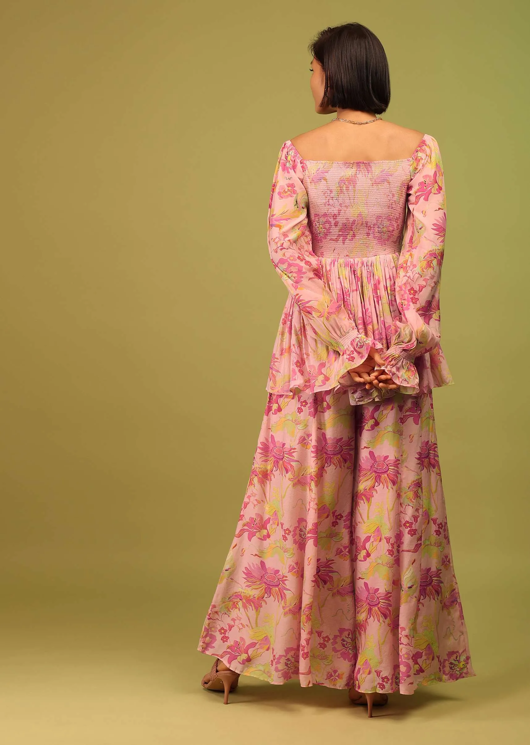 Candy Pink Print Top And Palazzo In Crepe With Off-shoulder Neckline And Smocking Bodice Online - RE By Kalki