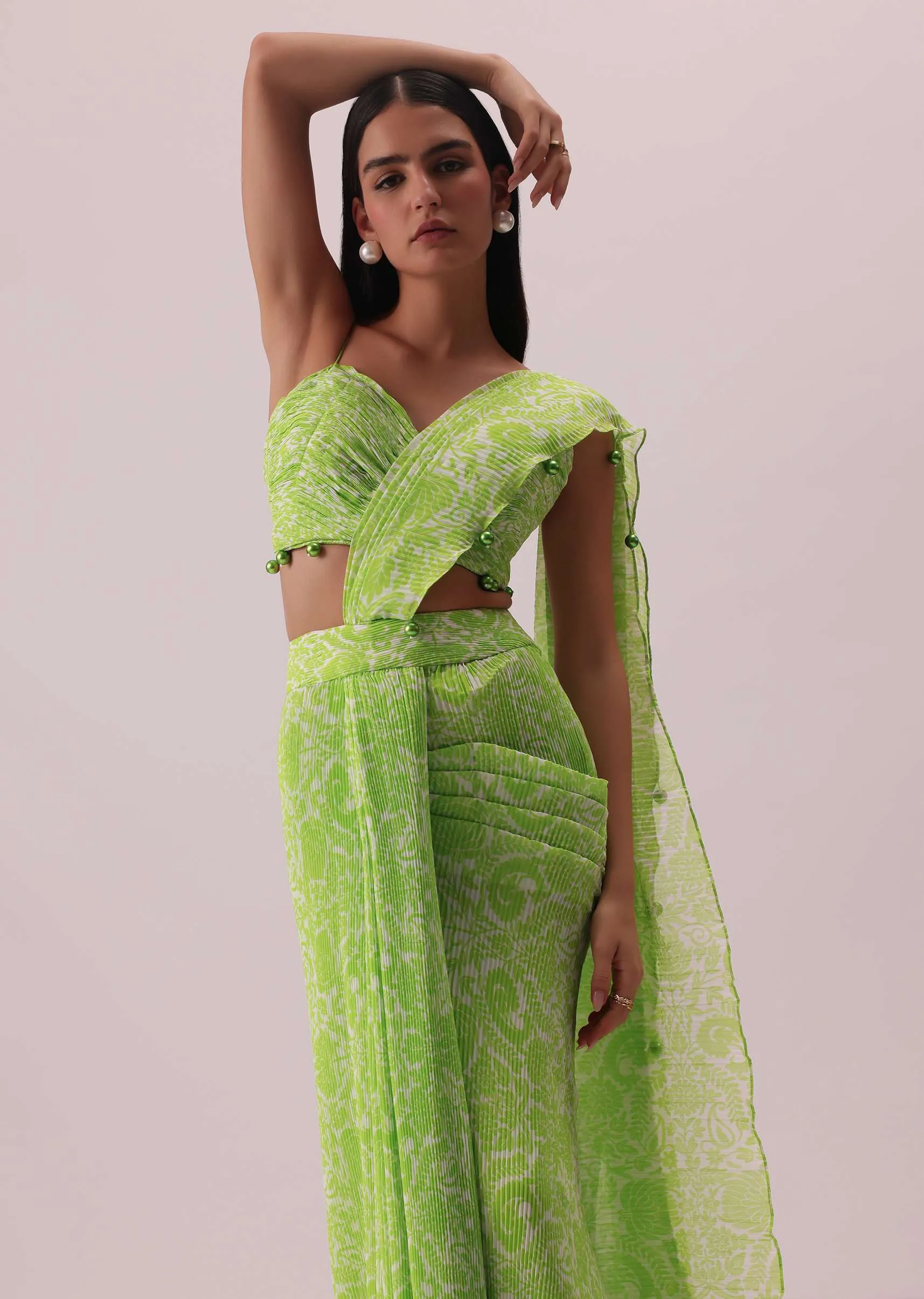 Citrus Green Pre-Stitched Printed Saree In Georgette