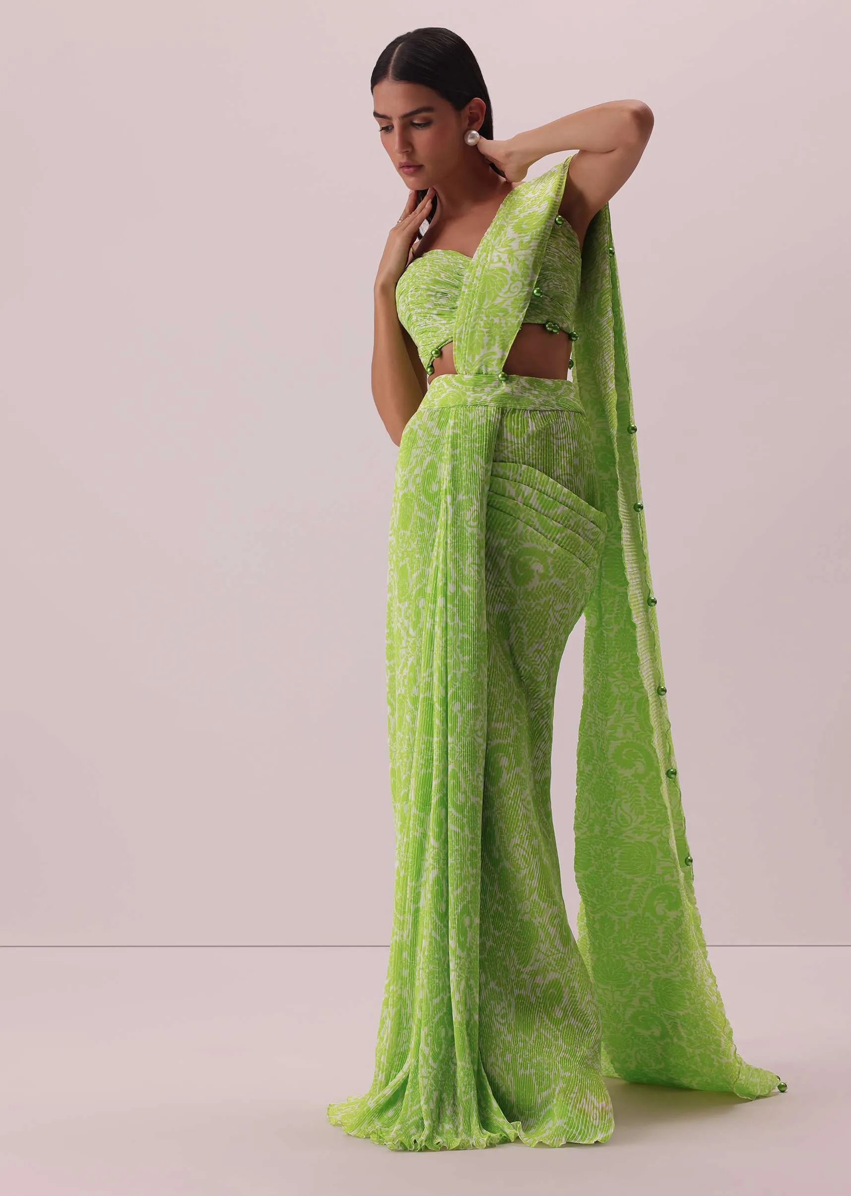 Citrus Green Pre-Stitched Printed Saree In Georgette