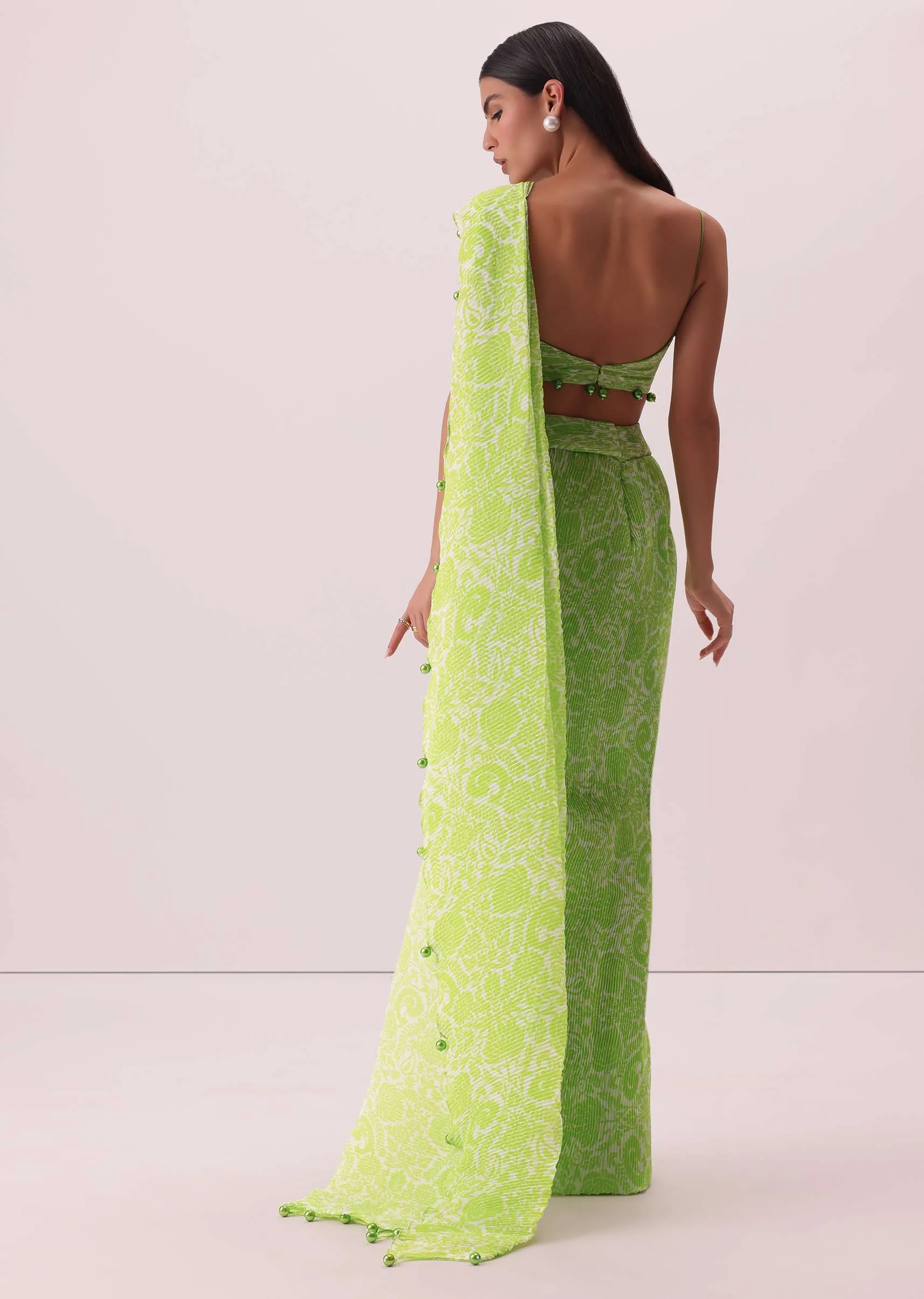 Citrus Green Pre-Stitched Printed Saree In Georgette