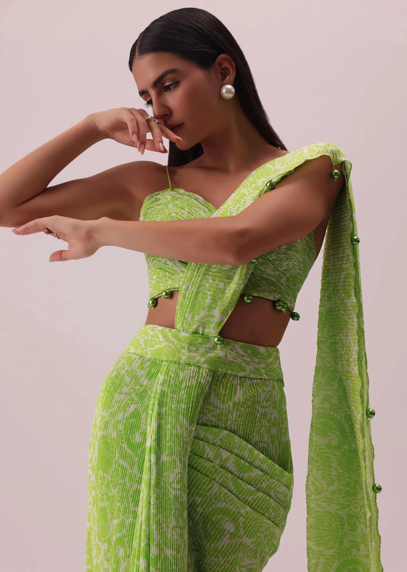 Citrus Green Pre-Stitched Printed Saree In Georgette