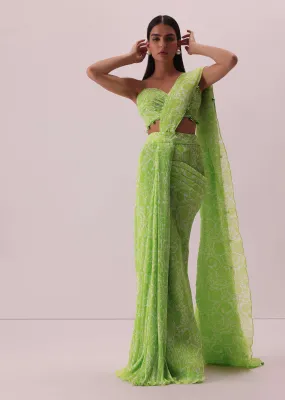 Citrus Green Pre-Stitched Printed Saree In Georgette