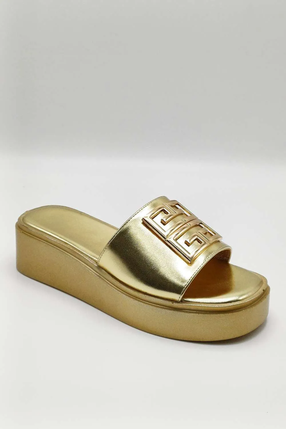Noemi C Shaped Gold Broach Large Band Flatform Sliders in Gold
