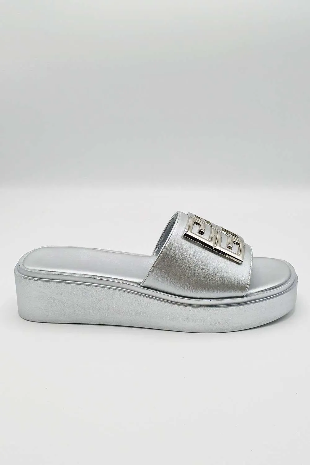 Noemi C Shaped Gold Broach Large Band Flatform Sliders in Silver