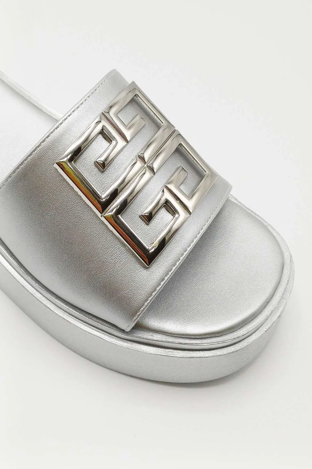 Noemi C Shaped Gold Broach Large Band Flatform Sliders in Silver