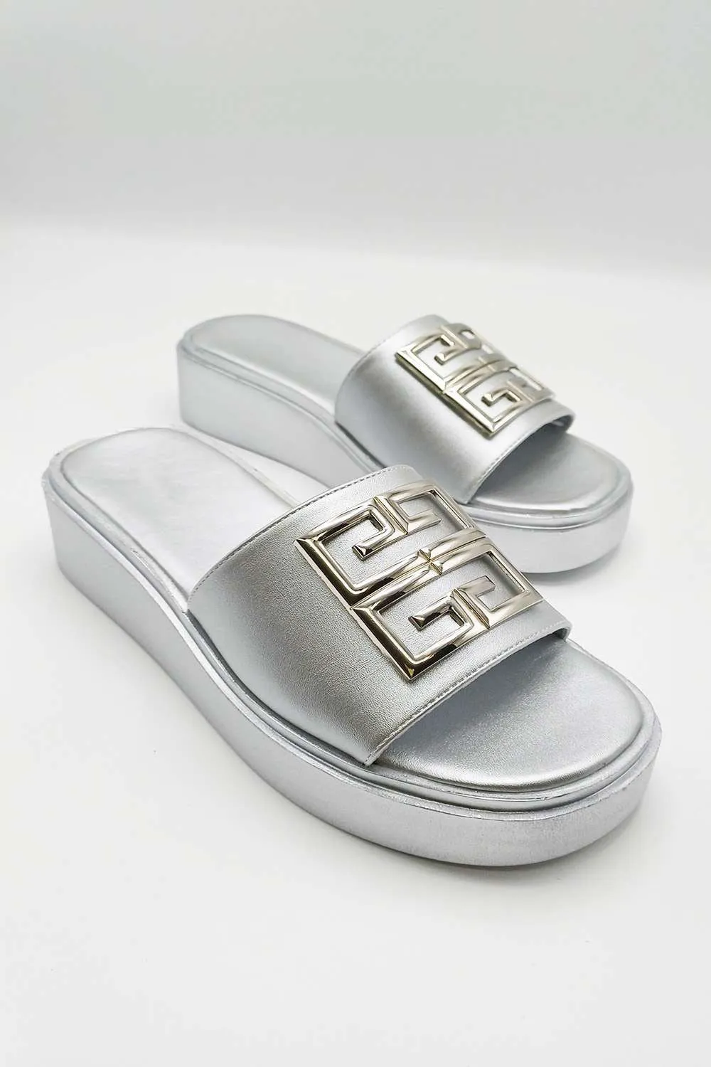 Noemi C Shaped Gold Broach Large Band Flatform Sliders in Silver