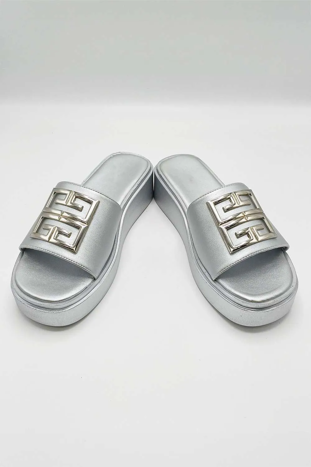 Noemi C Shaped Gold Broach Large Band Flatform Sliders in Silver