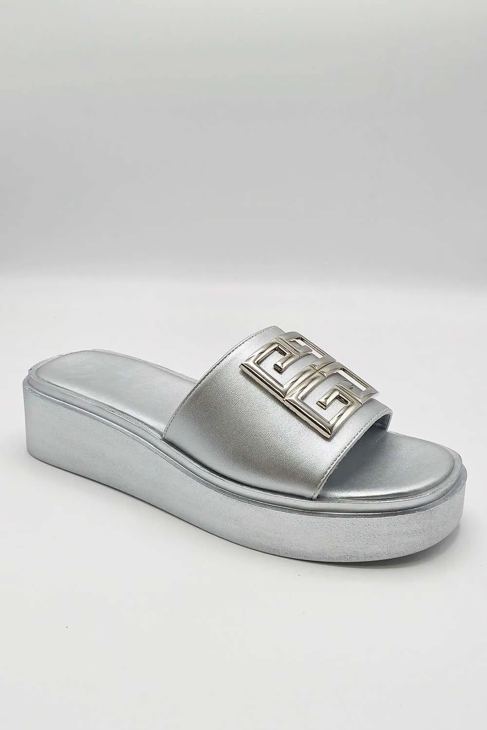 Noemi C Shaped Gold Broach Large Band Flatform Sliders in Silver
