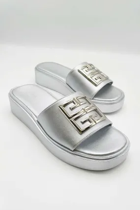 Noemi C Shaped Gold Broach Large Band Flatform Sliders in Silver
