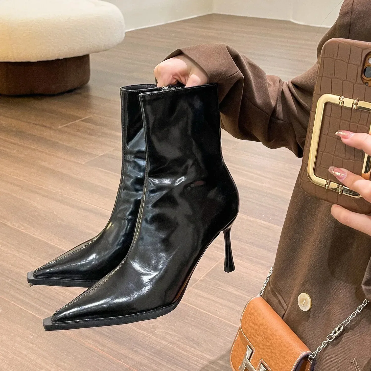 Uniwim Women Thin High Heels Short Boots 2024 New Fashion Pointed Ankle Boots Ladies Autumn Winter Leather Side Zipper Sexy Party Pumps