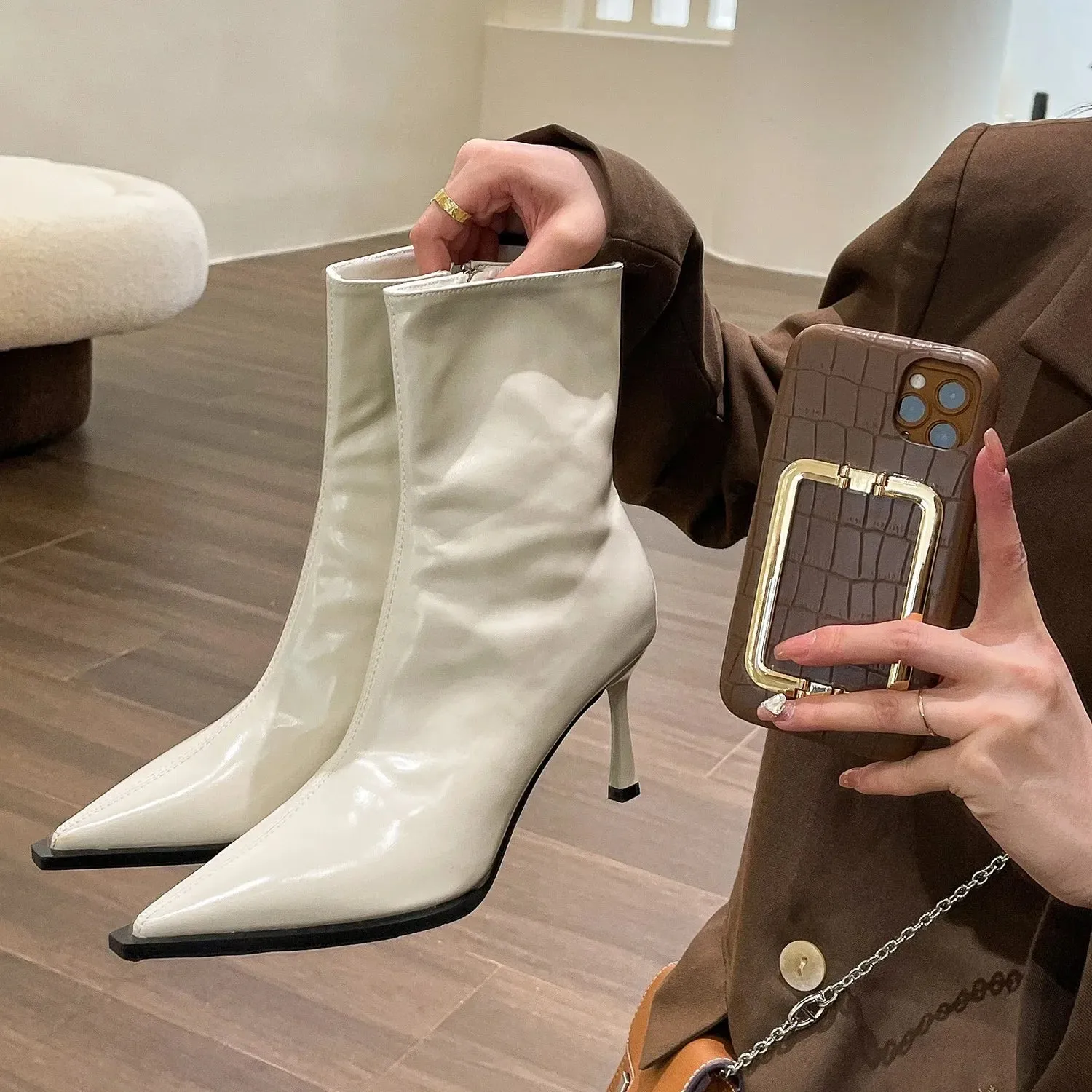 Uniwim Women Thin High Heels Short Boots 2024 New Fashion Pointed Ankle Boots Ladies Autumn Winter Leather Side Zipper Sexy Party Pumps