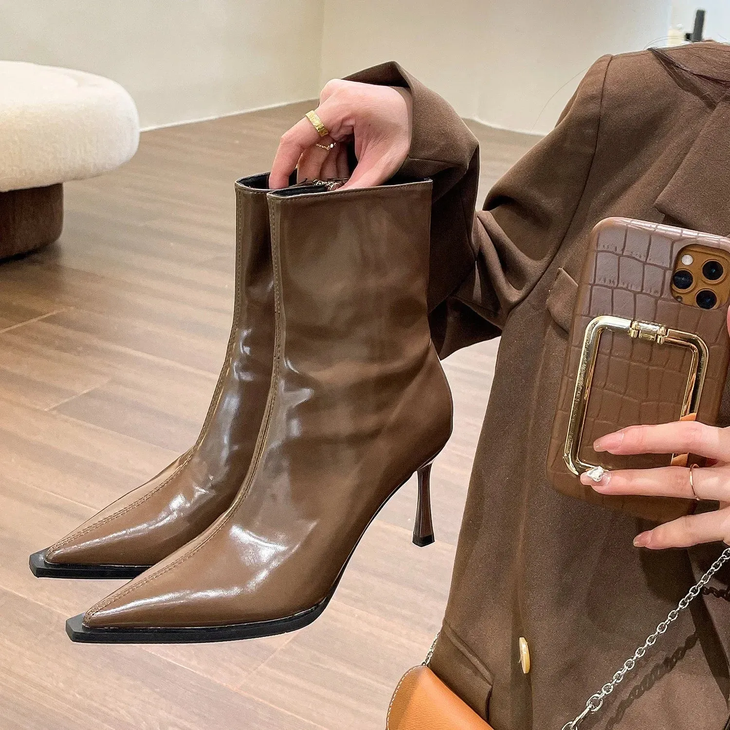 Uniwim Women Thin High Heels Short Boots 2024 New Fashion Pointed Ankle Boots Ladies Autumn Winter Leather Side Zipper Sexy Party Pumps