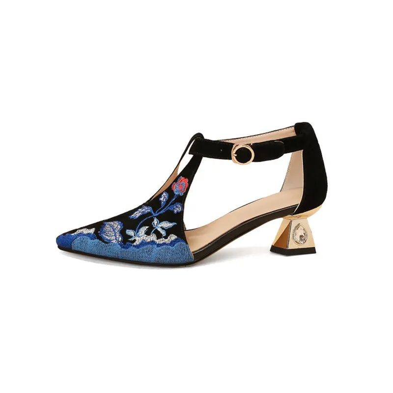 Vintage Suede Sheepskin Embroidered Sandals Middle Heel Pointed Women Shoes